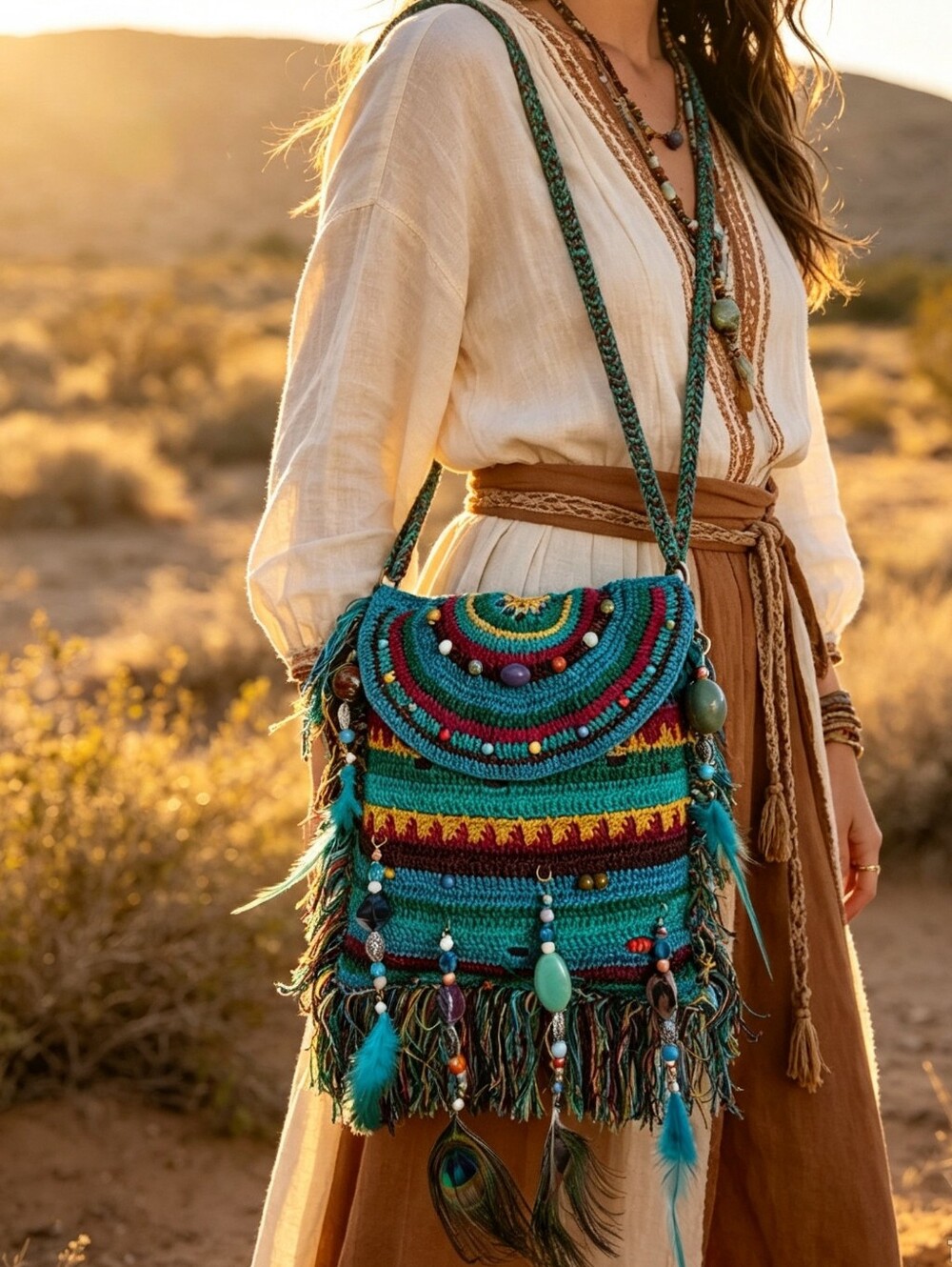 Handmade Teal Crochet Boho Shoulder Bag with Feather and Bead Accents